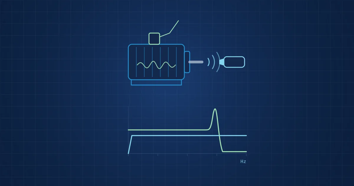Illustration: a motor fitted with a stud-mounted accelerometer and a microphone, compared by the frequency bands each one covers