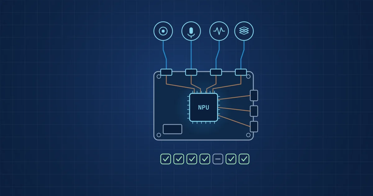 Illustration: an edge AI development board with an NPU, four sensors plugged in and a seven-point evaluation scorecard