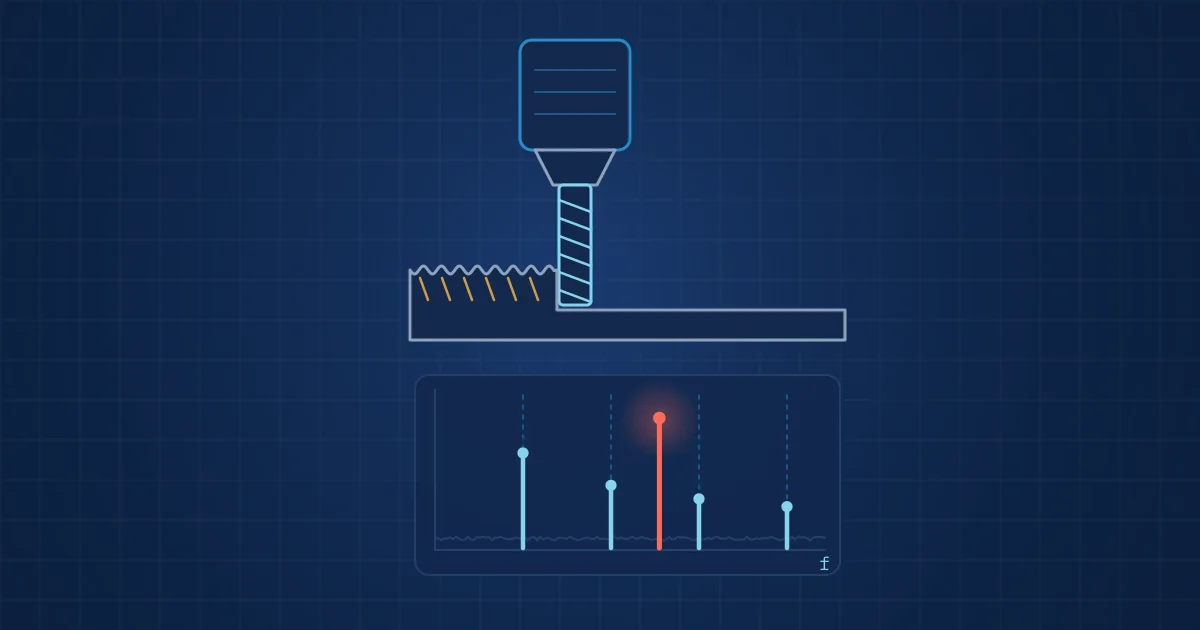 Illustration: a CNC spindle and end mill leaving chatter marks, with a spectrum showing an off-harmonic chatter peak