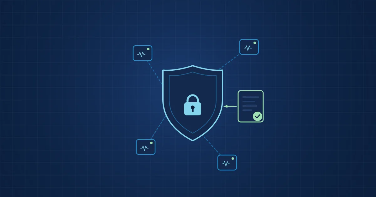 Illustration: a shield with a padlock protecting four connected sensor nodes, with a signed firmware package