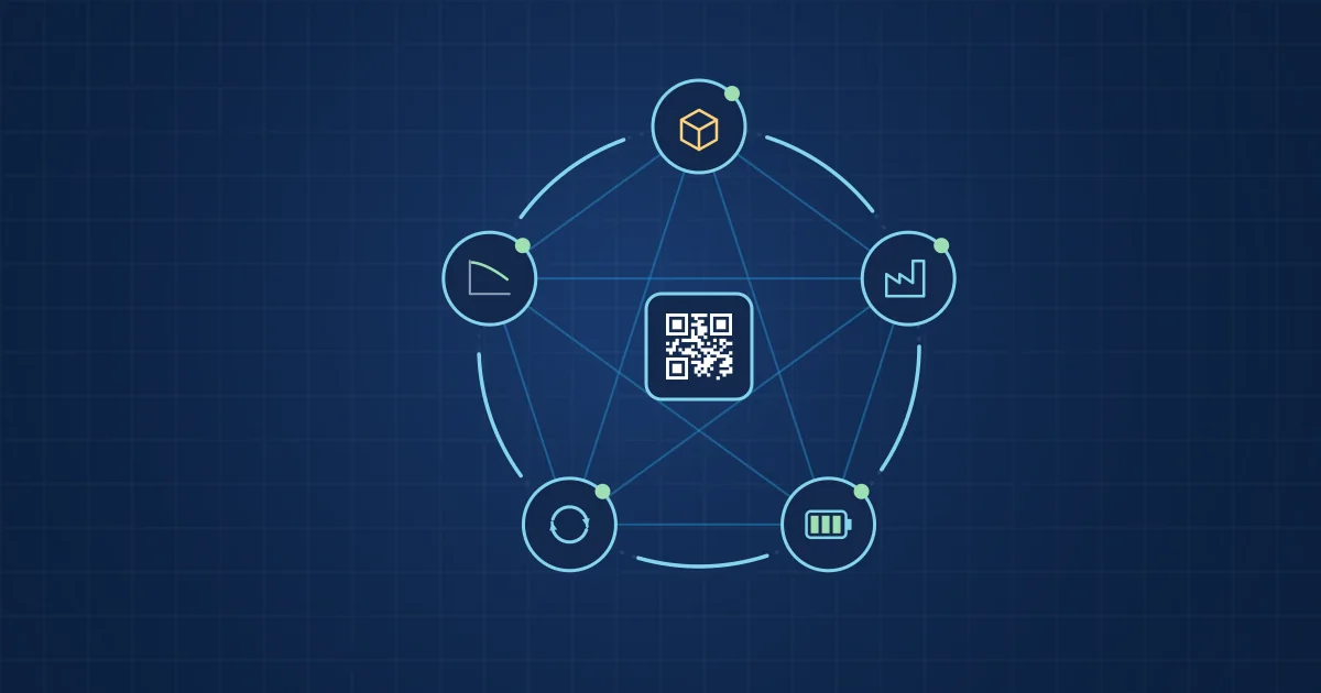 Illustration: five peer nodes of the battery lifecycle arranged in a ring around a battery passport QR code