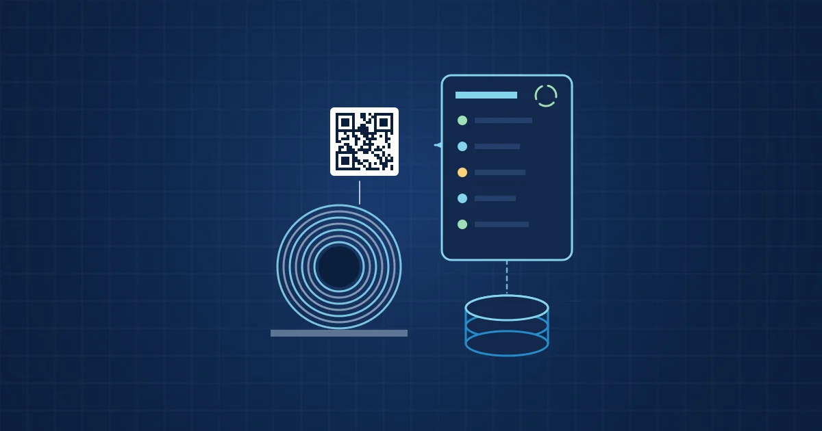 Illustration: a steel coil with a matrix code tag linked to a digital product passport and a central registry