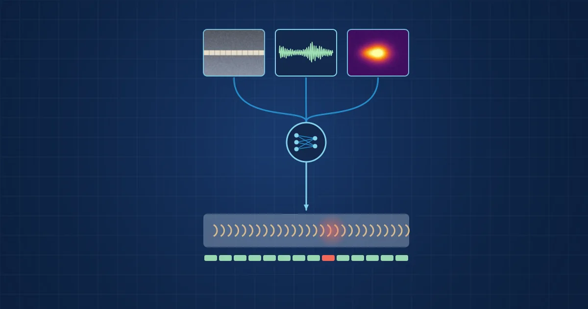 Illustration: camera, acoustic and thermal data merging into a neural network that grades a weld seam with one defective segment