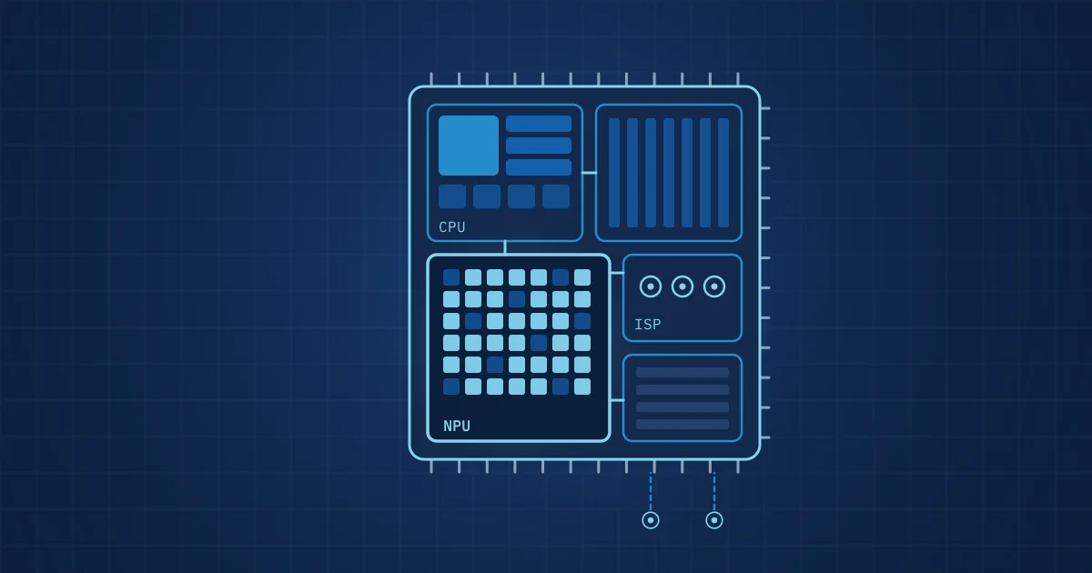 Illustration: a system-on-chip block diagram with CPU, GPU, NPU, image signal processor and memory