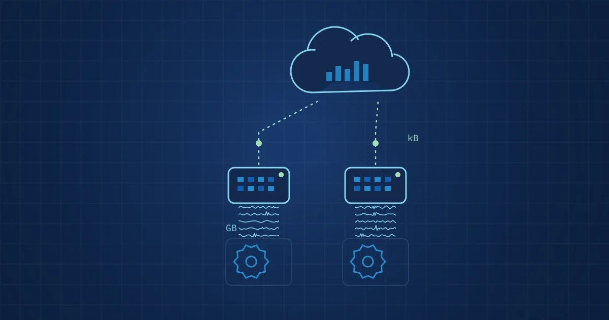Illustration: gigabytes of raw machine waveforms processed in edge boxes, with only kilobytes of results sent on to the cloud
