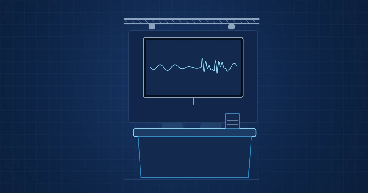 Illustration: a trade fair stand with a screen and a counter