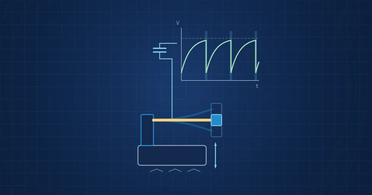 Illustration: a piezo cantilever harvesting energy from a vibrating base and charging a capacitor in a sawtooth pattern
