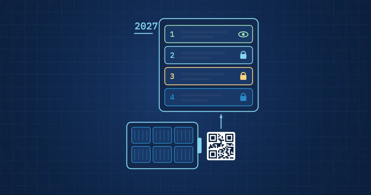 Illustration: an electric vehicle battery pack with a QR code linked to a digital battery passport card with four access tiers