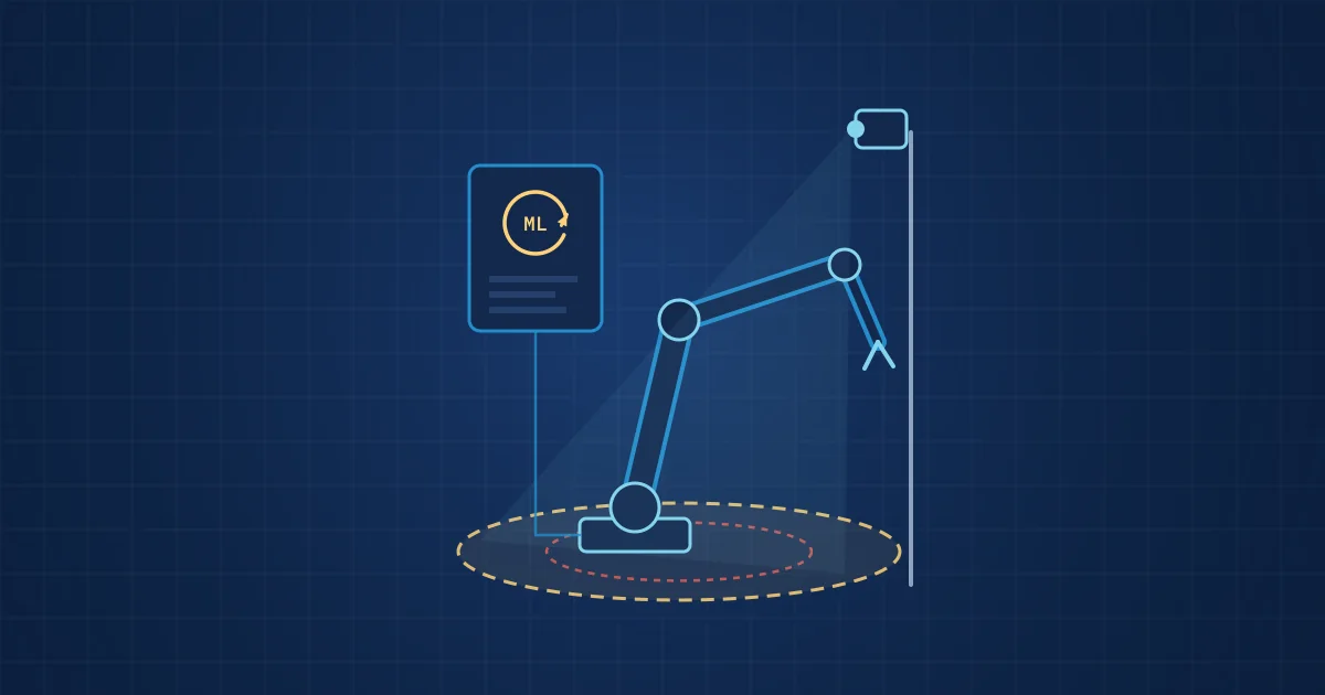 Illustration: a robot arm in a protective zone watched by a safety camera and a controller running a machine-learning model