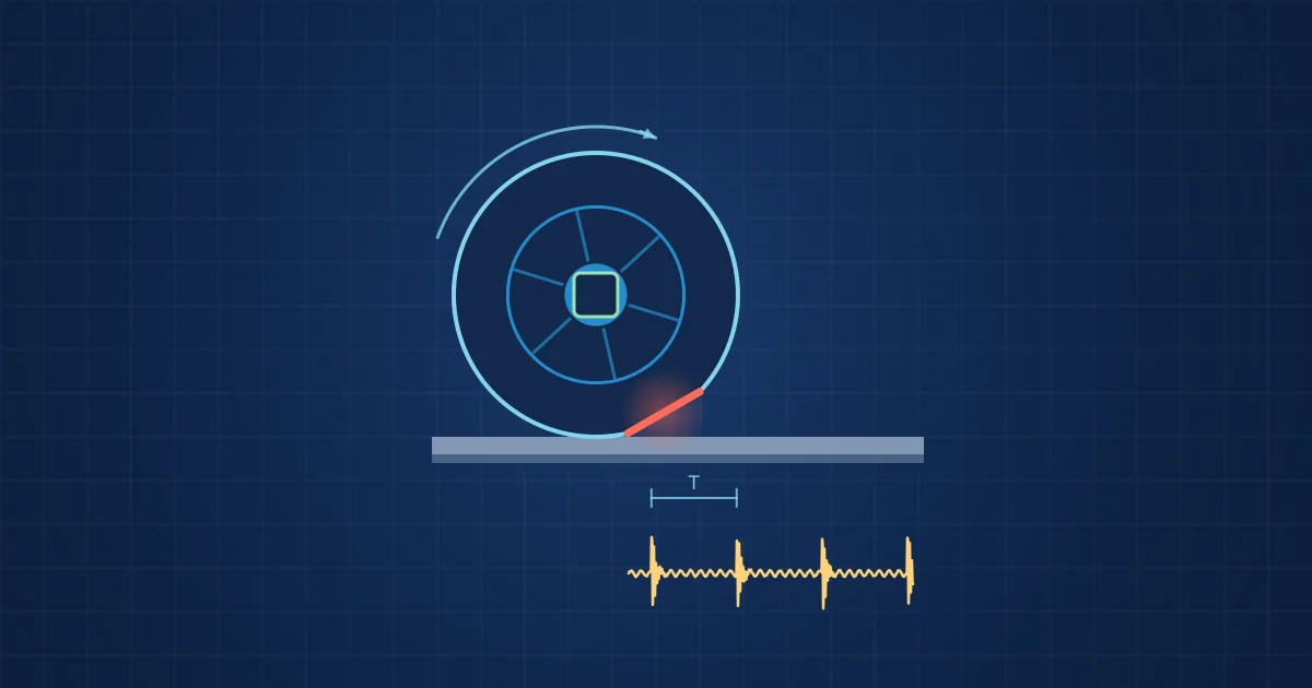 Illustration: a freight wagon wheel with a flat spot, an axle-box sensor and periodic impact spikes in the signal