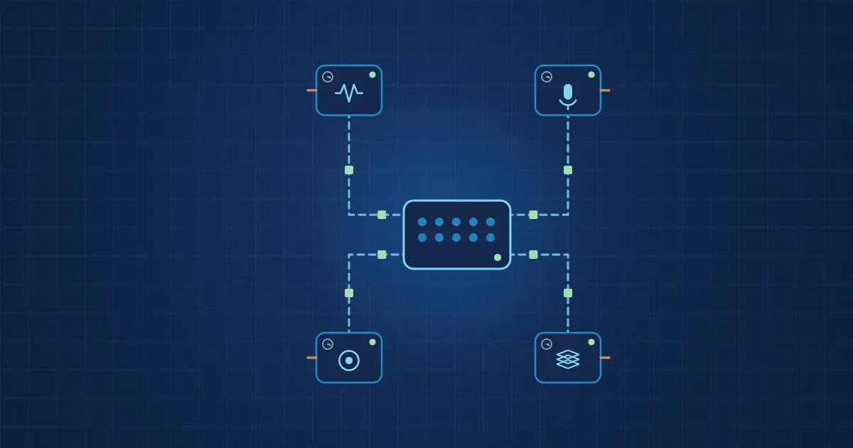 Illustration: a central hub connected to four dedicated sensor nodes, each with its own clock, exchanging data packets