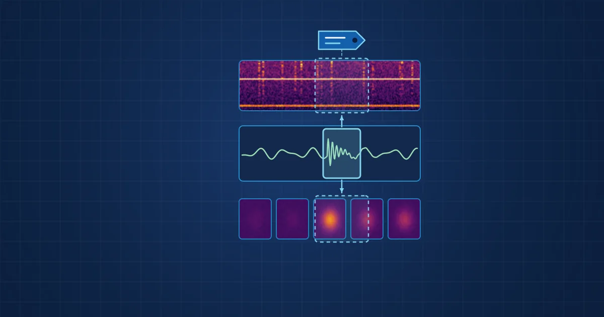 Illustration: a spectrogram, vibration trace and thermal frames with one event marked across all channels and tagged with a label