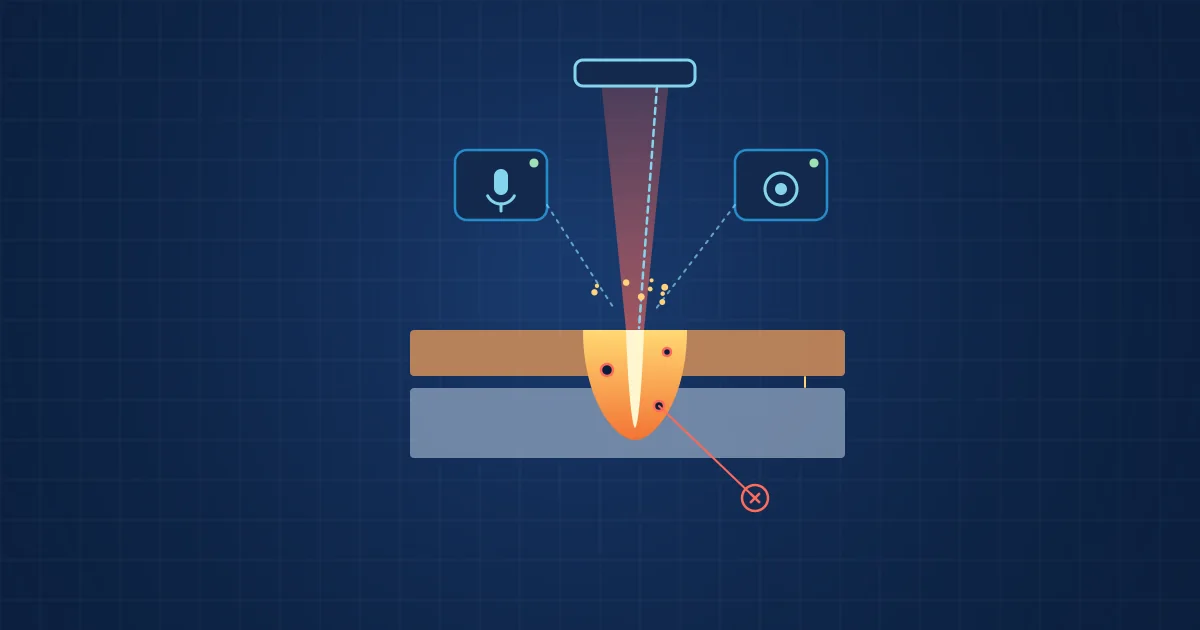 Illustration: a laser lap weld cross-section showing keyhole, pores and spatter, watched by OCT, microphone and camera