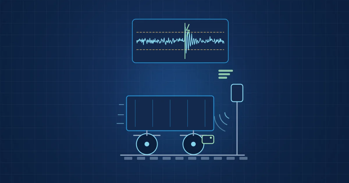 Illustration: a freight wagon with an axle-box condition sensor read by a trackside reader, with a vibration trace and wake-up marker