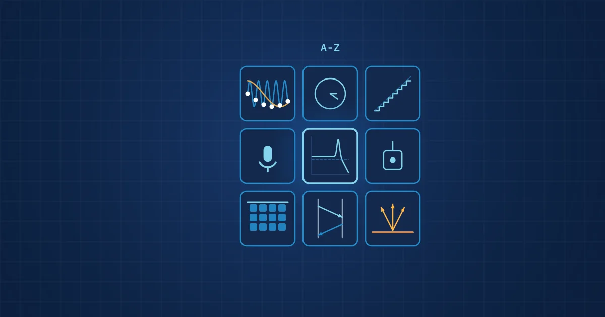 Illustration: an A to Z grid of tiles for sensing terms such as aliasing, sampling, microphone, frequency response, accelerometer and emissivity