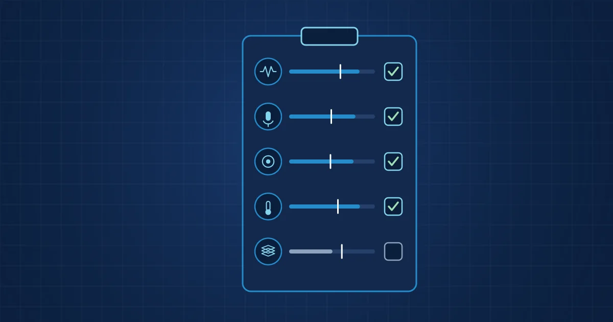 Illustration: a checklist with five sensor channel specifications measured against their targets, four ticked and one still short