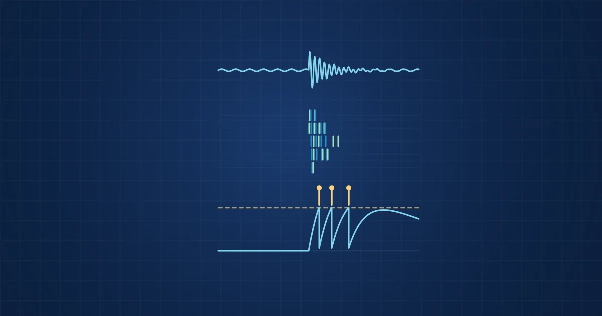 Illustration: a machine signal converted into a spike raster and an integrate-and-fire neuron trace