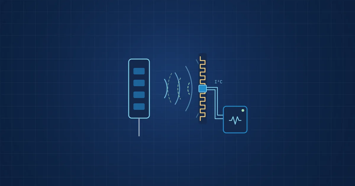 Illustration: an RFID reader field powering a passive tag that reads a vibration sensor node and answers by backscatter