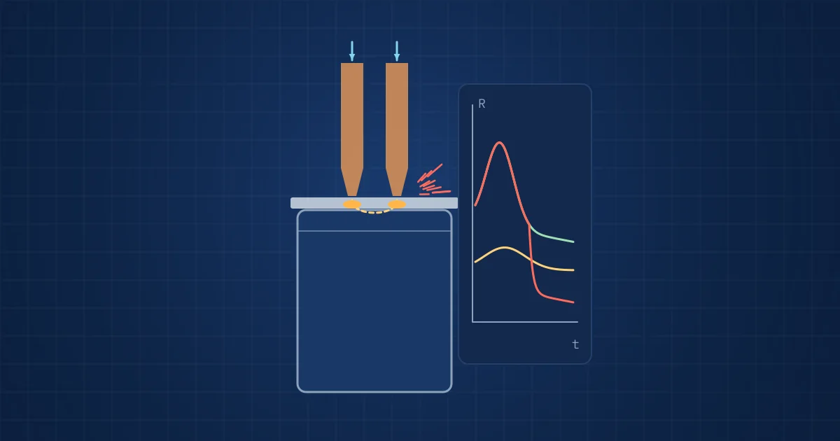 Illustration: resistance spot welding electrodes on a nickel tab with expulsion sparks and normal, cold and expulsion resistance curves
