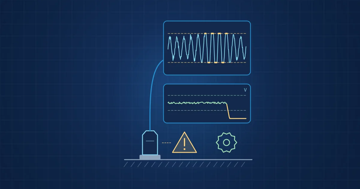 Illustration: an accelerometer with a clipped waveform and a bias voltage dropping to zero, with the affected signal segment flagged by an amber status light