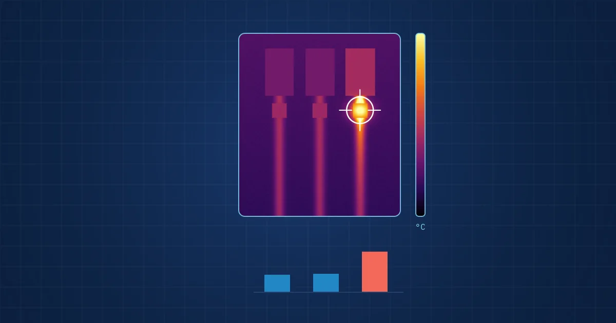 Illustration: a thermal image of circuit breakers with one hot terminal and three-phase temperature bars with one phase too high