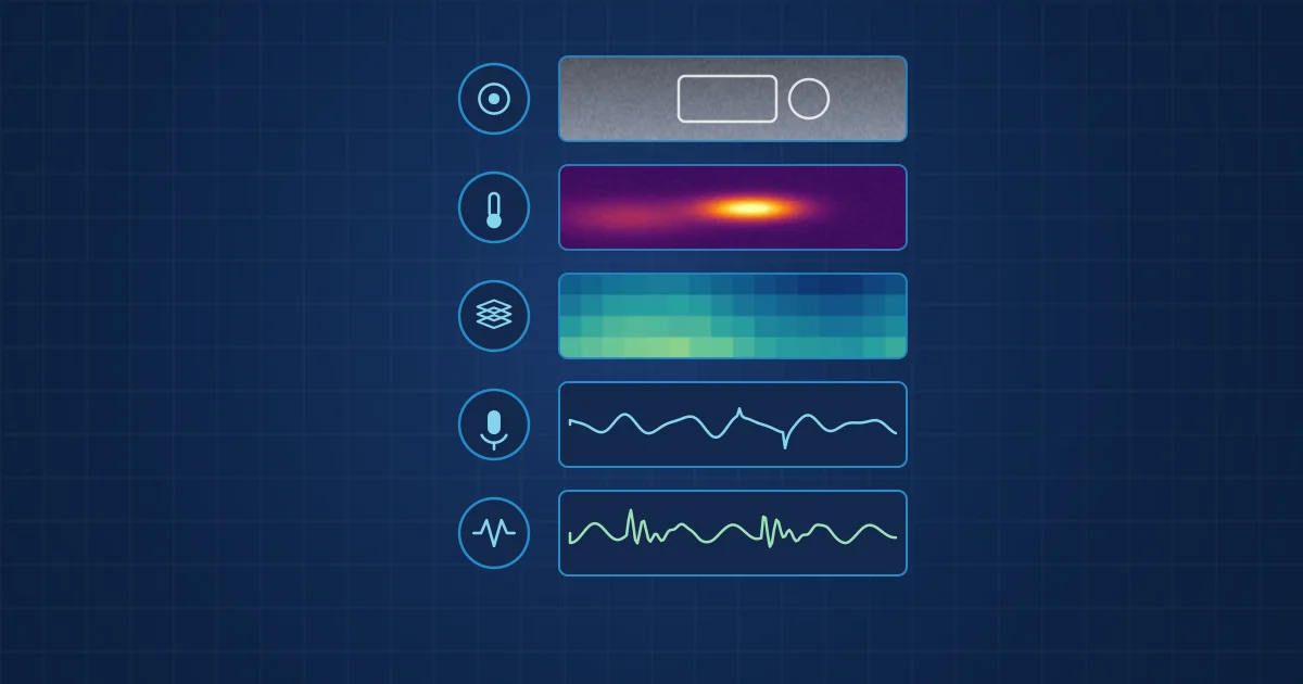 Illustration: five sensor rows, each showing its native data: grey camera image, heat image, depth grid, sound transient and vibration waveform