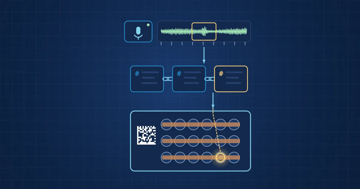 Illustration: a timestamped acoustic recording linked through hash-chained records to a battery module with a DataMatrix code and the traced weld