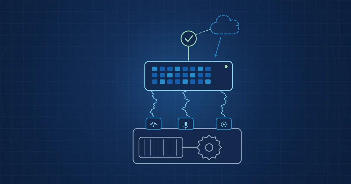 Illustration: a machine's sensors feeding an edge box with an NPU, where only the result leaves and training happens in the cloud
