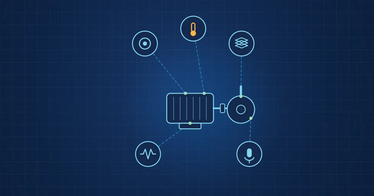 Illustration: a motor and pump with five sensor types (camera, thermal, depth, microphone, vibration) linked to their measuring points