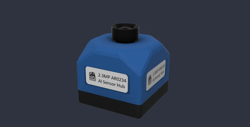 Produktrendering einer Vision-Node-Option: blaues Gehäuse mit Objektiv oben