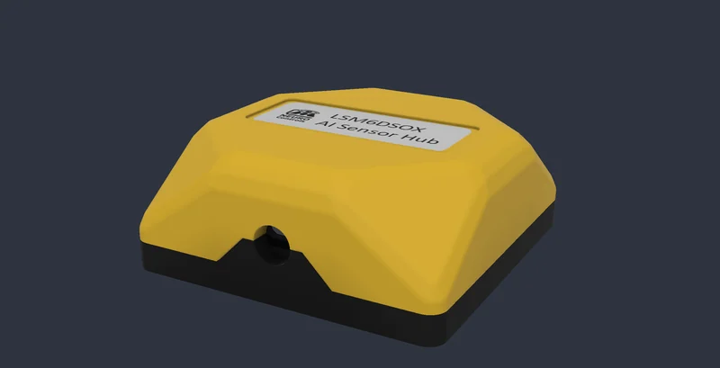 Produktrendering des Edge AI Wireless Node: flaches gelbes Gehäuse